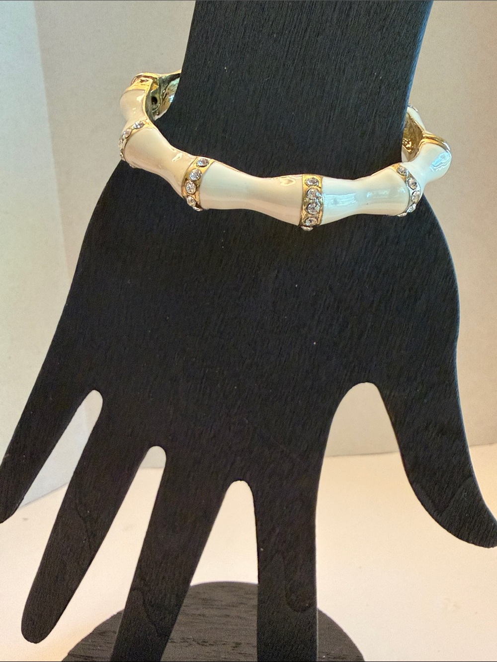 Cream Enamel Bamboo-Style Hinge Bracelet with Rhinestone Accents